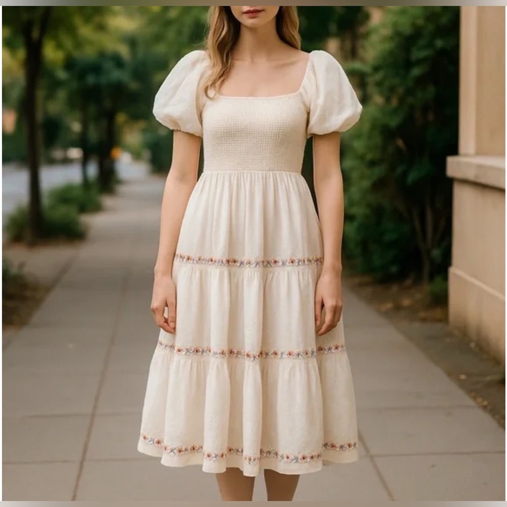 Rachel Zoe Ivory Puff Sleeve Midi Dress